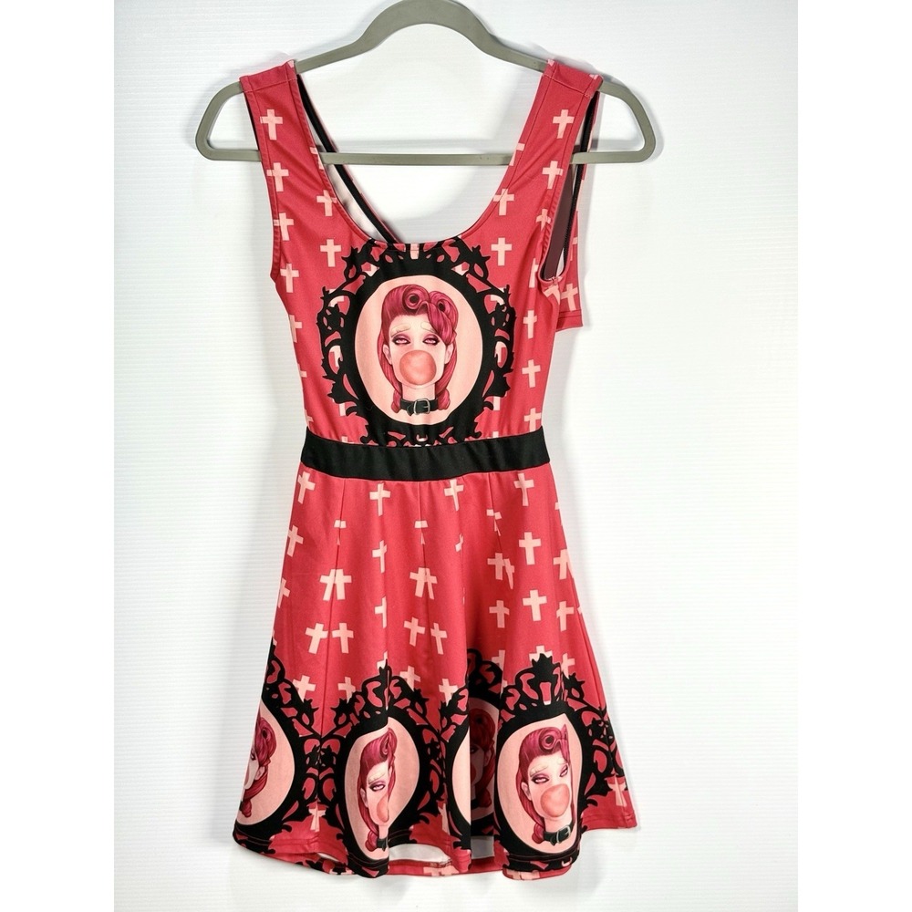 Indie Artist Goth Pink/Red Bubblegum Portrait Cross Skater Dress Size XS Alt